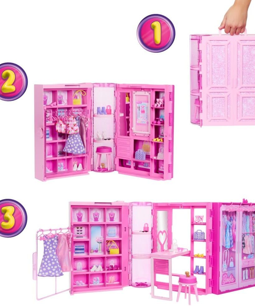 Barbie Dream Closet Toy Playset with Blonde Fashion Doll, Clothes & Accessories, 3-ft-Wide with 25+ Pieces, 3 Complete Looks, Age 3+ Years