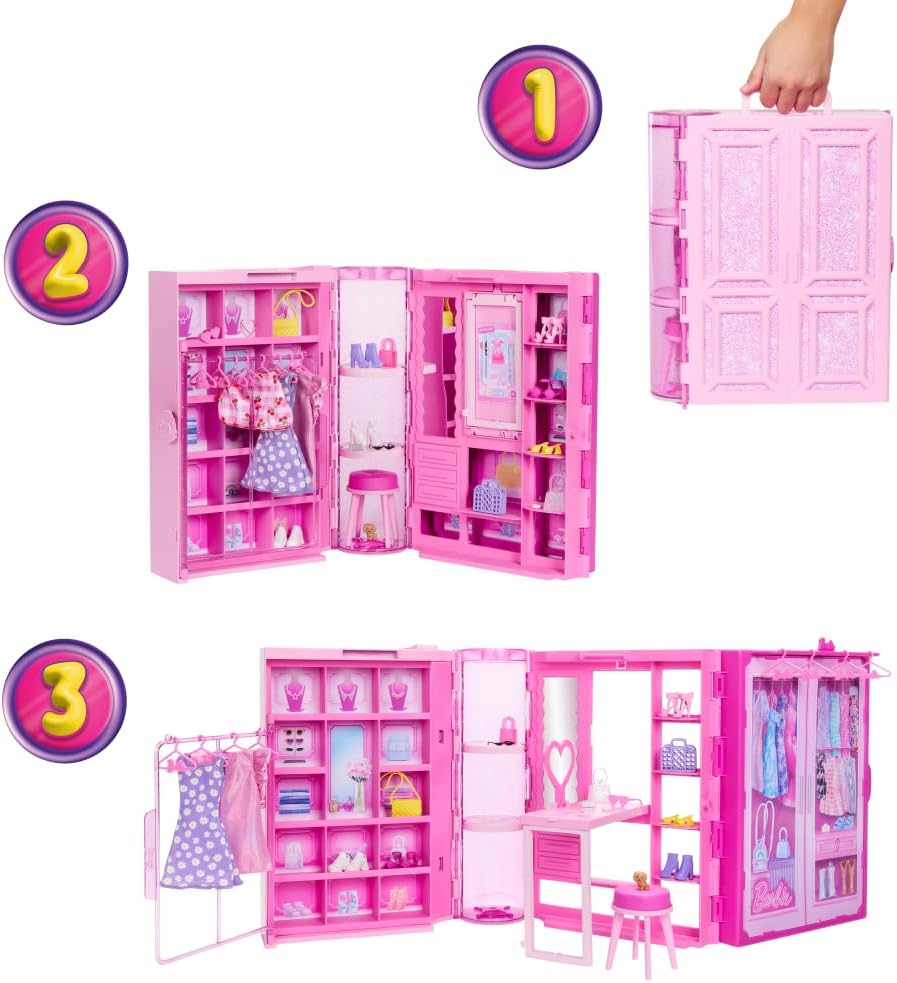 Barbie Dream Closet Toy Playset with Blonde Fashion Doll, Clothes & Accessories, 3-ft-Wide with 25+ Pieces, 3 Complete Looks, Age 3+ Years