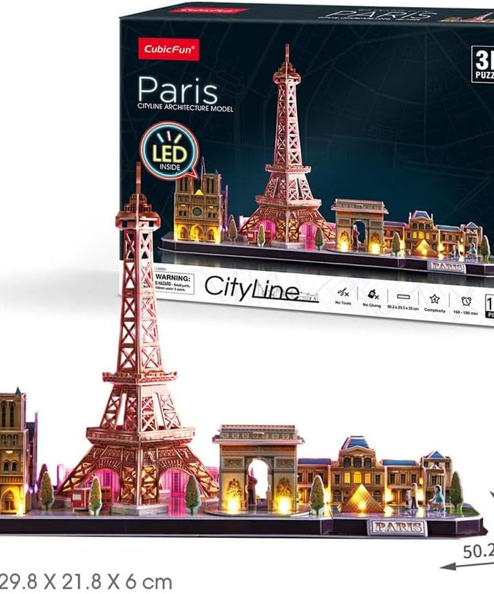 CubicFun 3D LED Puzzle City Line Paris 115 Pieces Battery Operated Architecture Model Kit Eiffel Tower Louvre Notre Dame Gift for Kids and Adults