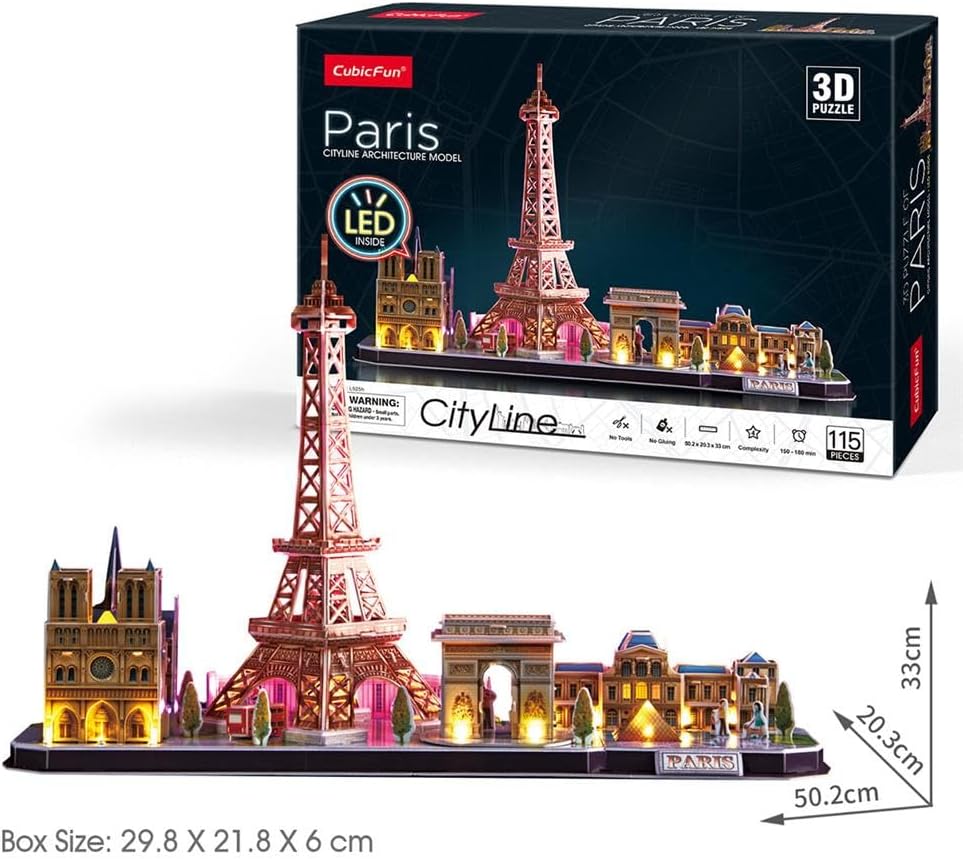 CubicFun 3D LED Puzzle City Line Paris 115 Pieces Battery Operated Architecture Model Kit Eiffel Tower Louvre Notre Dame Gift for Kids and Adults