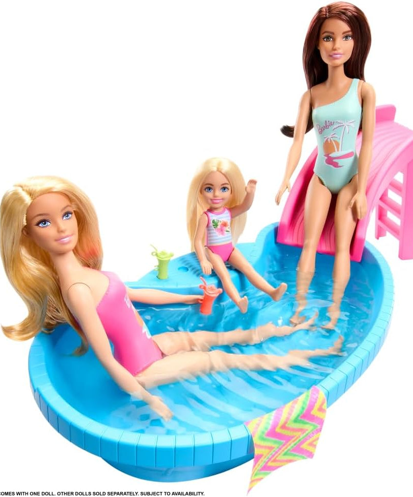 Barbie Doll and Pool Playset, Blonde with Pool, Slide, Towel and Drink Accessories
