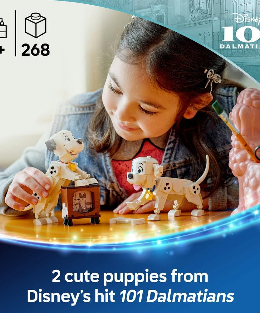 LEGO ǀ Disney Lucky & Penny 101 Dalmatians Puppies Toy - Play & Display Animal Figures with Movable Heads, Legs & Tails - incl. a Bone and TV - Ramadan Gift for 6+ Year Old Girls 43271
