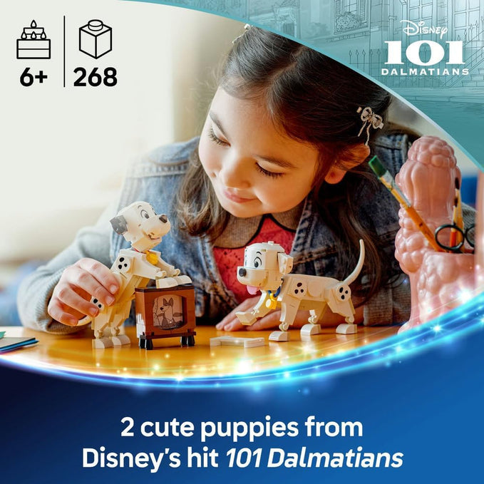 LEGO ǀ Disney Lucky & Penny 101 Dalmatians Puppies Toy - Play & Display Animal Figures with Movable Heads, Legs & Tails - incl. a Bone and TV - Ramadan Gift for 6+ Year Old Girls 43271