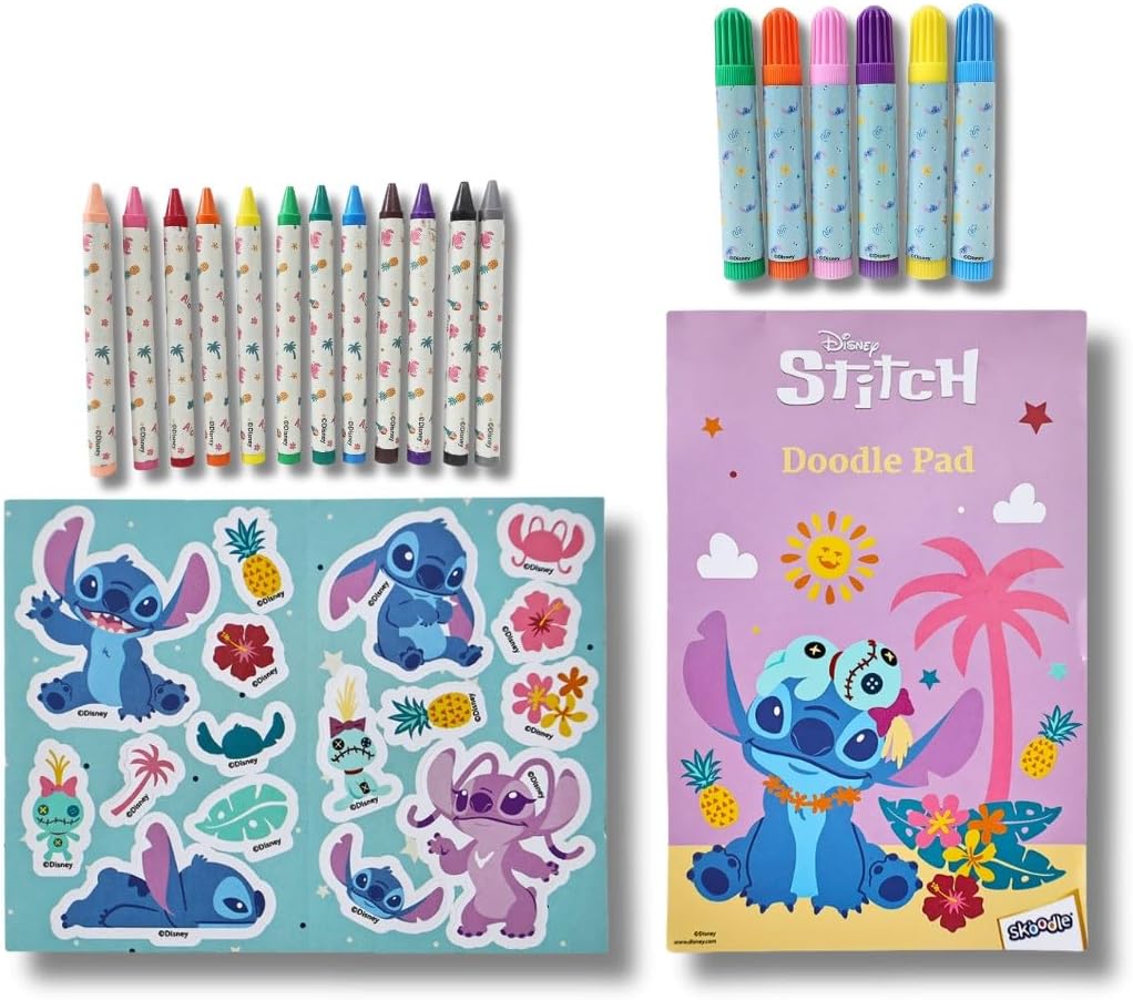 Disney Lilo & Stitch Creative Art Set for Kids - All-in-One Portable Tin Art Kit with Crayons, Markers, Watercolor Paint, Doodle Pad, and Stickers - Fun Travel Gift for Ages 3+