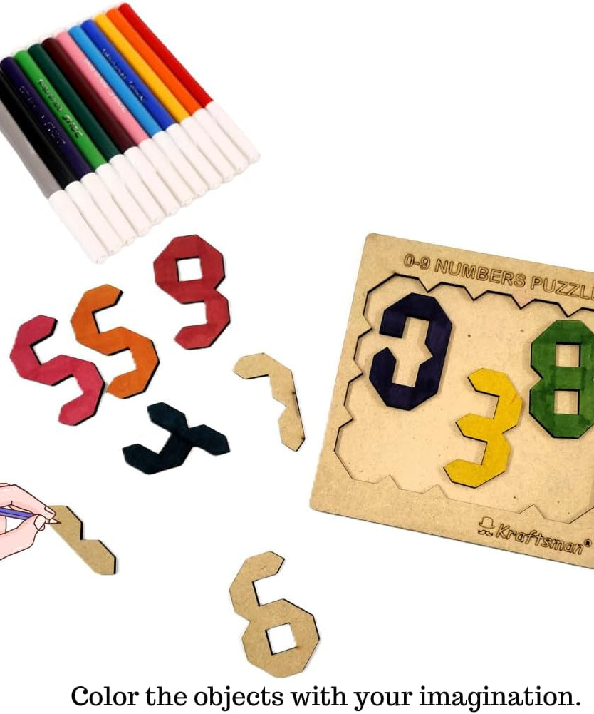 Kraftsman Color Your Own Numbers Puzzle 0–9, DIY Wooden Coloring Puzzle Kit for Kids, Learn Numbers, Creative Art & Learning Toy, Age 4+