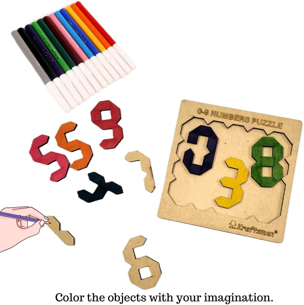 Kraftsman Color Your Own Numbers Puzzle 0–9, DIY Wooden Coloring Puzzle Kit for Kids, Learn Numbers, Creative Art & Learning Toy, Age 4+