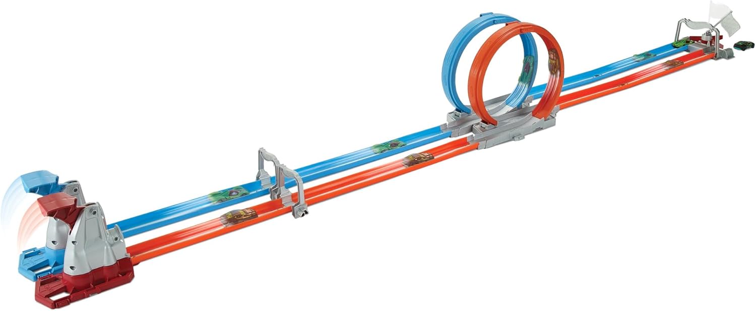 Hot Wheels Double Loop Dash Track Set, Side by Side Drag Race Track with Double Loop Stunt, Includes 2 Hot Wheels 1:64 Scale Cars, 5+ Years
