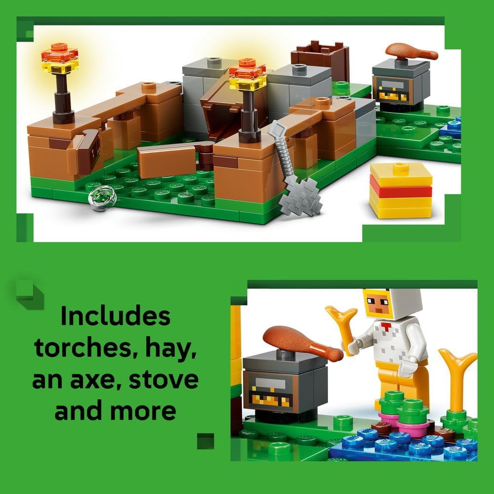 LEGO Minecraft Chicken Farm - Building Toy w/a Chicken Fan Minifigure, Baby Zombie & Fox Mob Figures - Gamer Gift for 7+ Year Old Boys & Girls - 21585