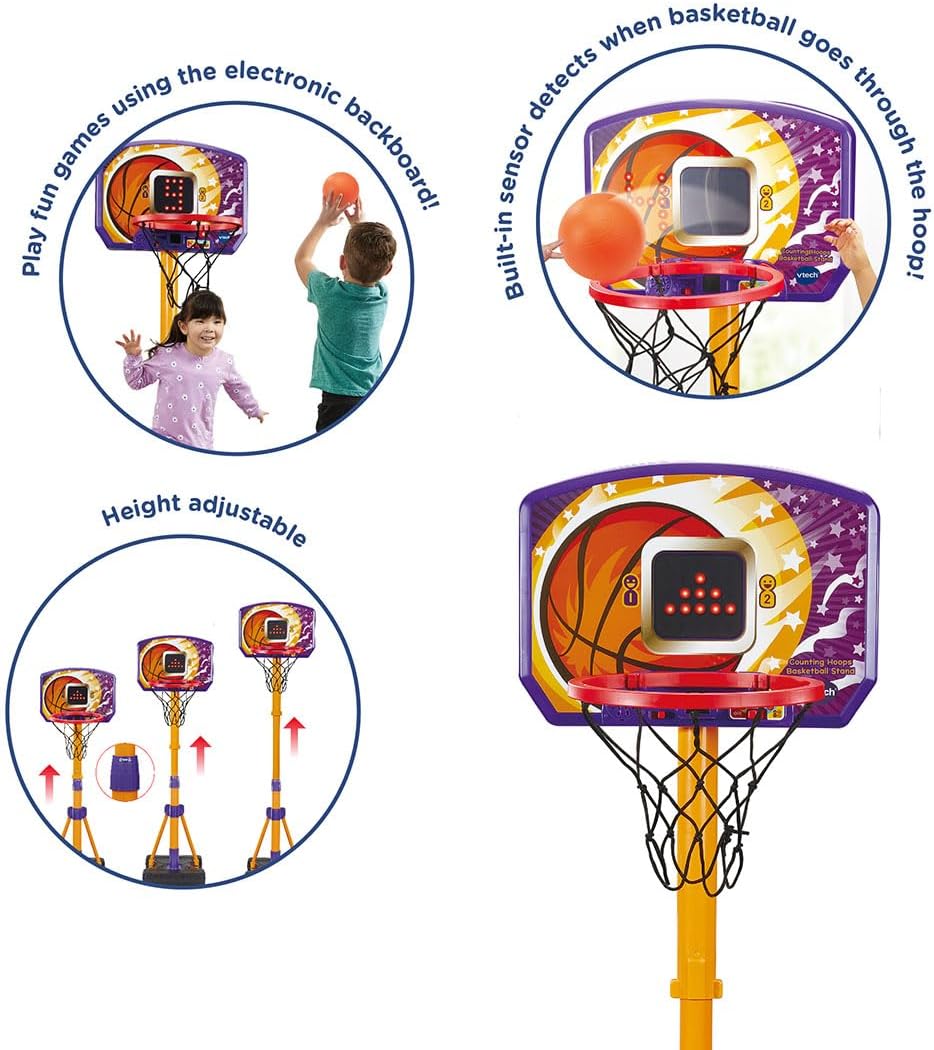 VTech Counting Hoops Basketball Stand – Adjustable Interactive Hoop with LED Screen & 3 Games, Toddler Toy for Ages 3+