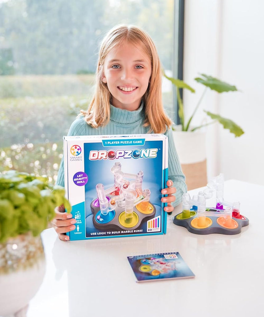 SmartGames DropZone, 3D Marble Run Brain Teaser Puzzle with 80+ Challenges, STEM Educational Toy for Kids 8+