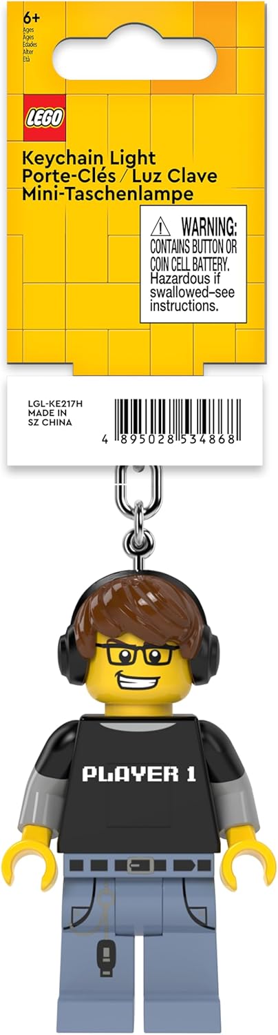 LEGO Minifigures Keychain Light - Video Game Guy (KE217H), Extra-Large 3 Inches Tall, Bag Charm, Easter Basket Stuffer