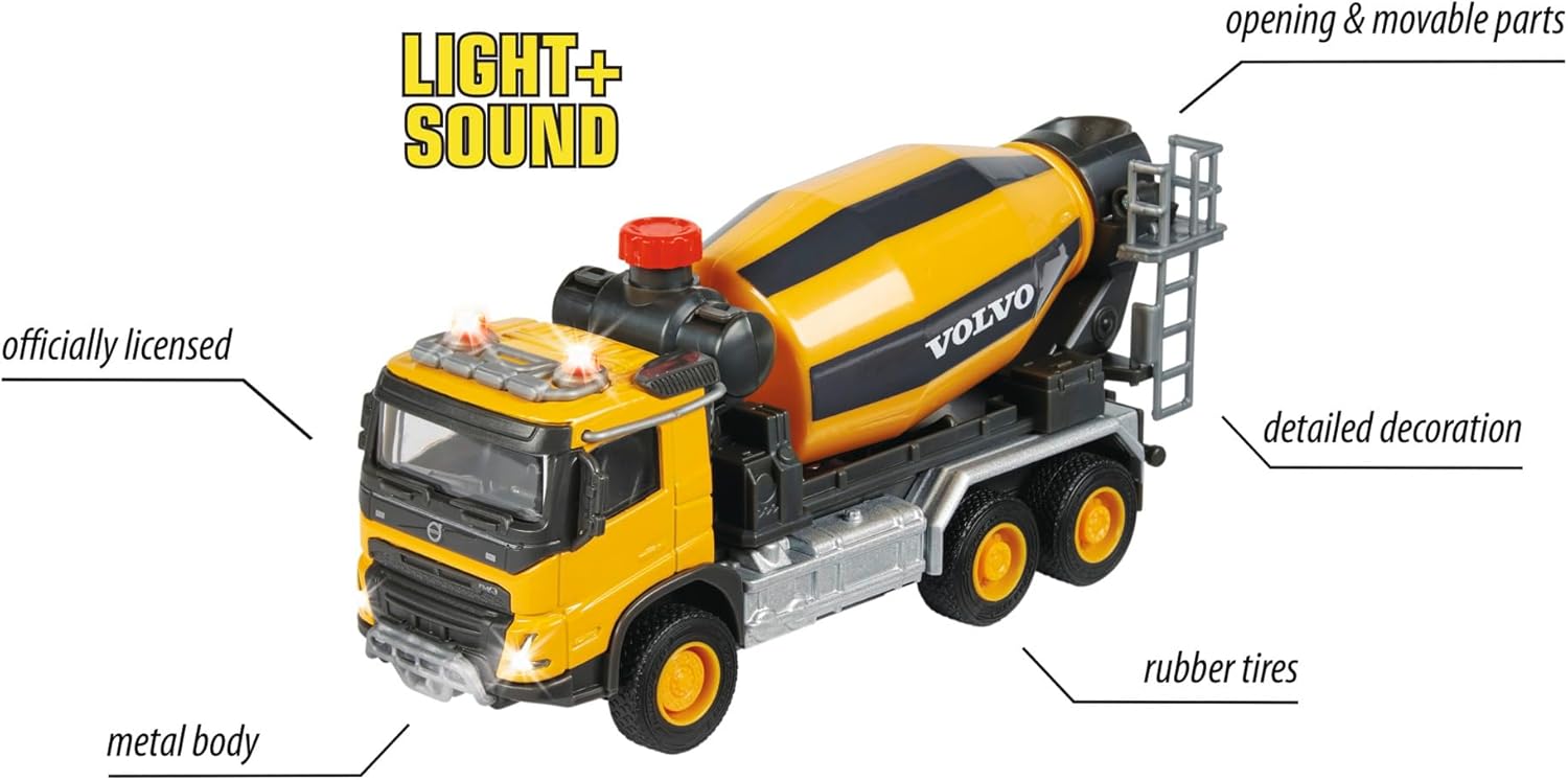 Majorette Grand Series – Volvo FMX Concrete Mixer Die-Cast Construction Vehicle with Lights, Sound Effects, Rotating Drum, Fold-Out Shoot, and Metal Cabin, One Size