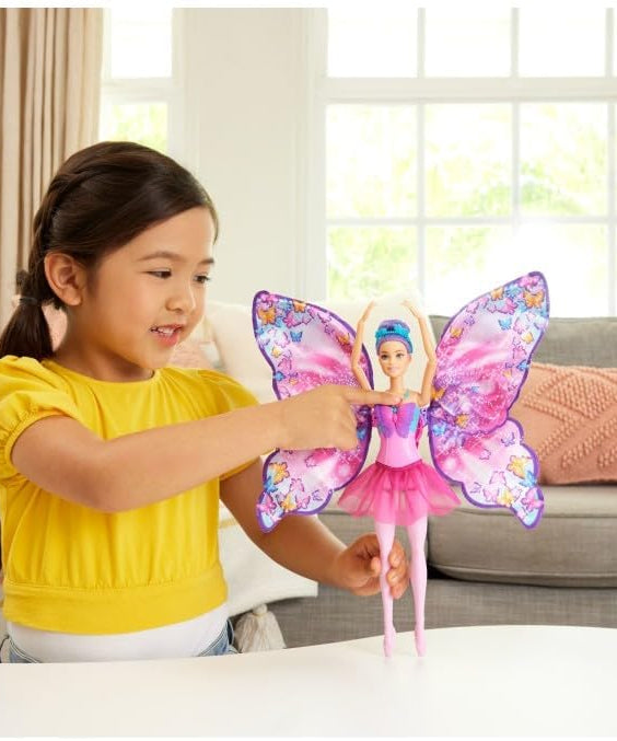 Barbie Dance and Flutter Doll with 2-in-1 Transformation from Dancer to Butterfly with Opening Wings, Purple Hair, Headpiece & Removable Tutu, HXJ10