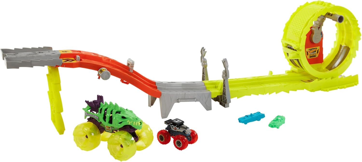 Hot Wheels Monster Trucks Charge and Chase Track Set with Oversized Skelesaurus and Bone Shaker, Power Smashers Loop Track, Includes 2 Crushed Cars, Action Racing Playset for Kids 4 Years+