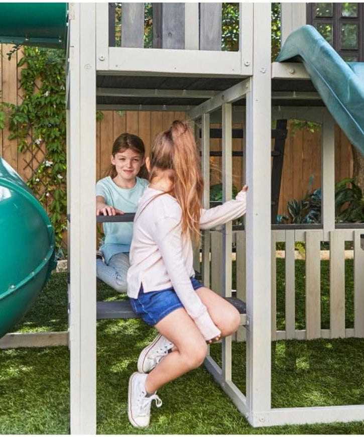 KidKraft Silver Sands Wooden Swing Set with Slides, Swings, Acrobar, Clubhouse and Picnic Table, Outdoor Playset for Kids Ages 3–10