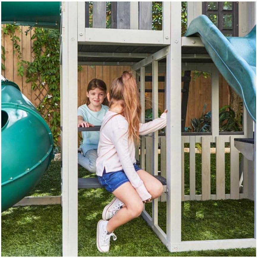 KidKraft Silver Sands Wooden Swing Set with Slides, Swings, Acrobar, Clubhouse and Picnic Table, Outdoor Playset for Kids Ages 3–10