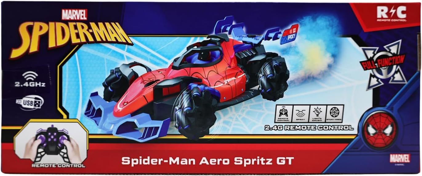 Marvel Spider-Man Aero Spitz GT RC Stunt Car – 2.4 GHz Remote Control Drifting Vehicle with Mecanum Wheels, Water Mist Spray, Music & LED Lights, 360° Spins, Official Marvel Toy for Kids Ages 6+