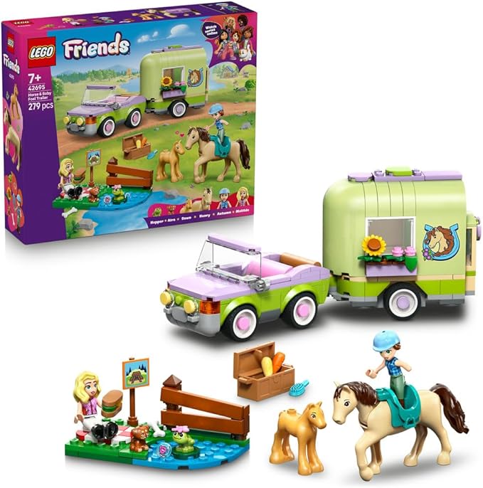 LEGO Friends Horse & Baby Foal Trailer - Horse Toy Playset w/Grooming Accessories, 4 Animal Figures, Car & 2 Mini Dolls - Birthday Gift Idea for 7+ Year Old Girls - 42695