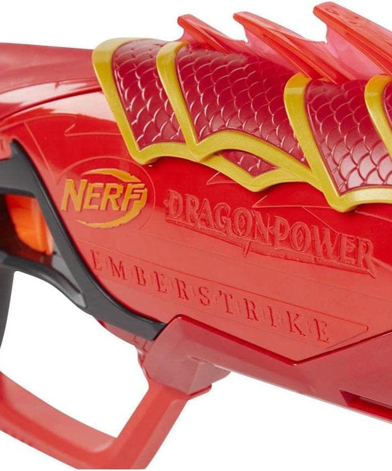 مسدس نيرف دراجون باور إمبرسترايك، مستوحى من لعبة الزنزانات والتنينات، مزود بأسطوانة دوارة بثمانية سهام، يعمل بضخ الهواء، يتضمن 16 سهم نيرف إيليت مع مخزن للسهام، مسدس لعبة للأطفال من سن 8 سنوات فما فوق