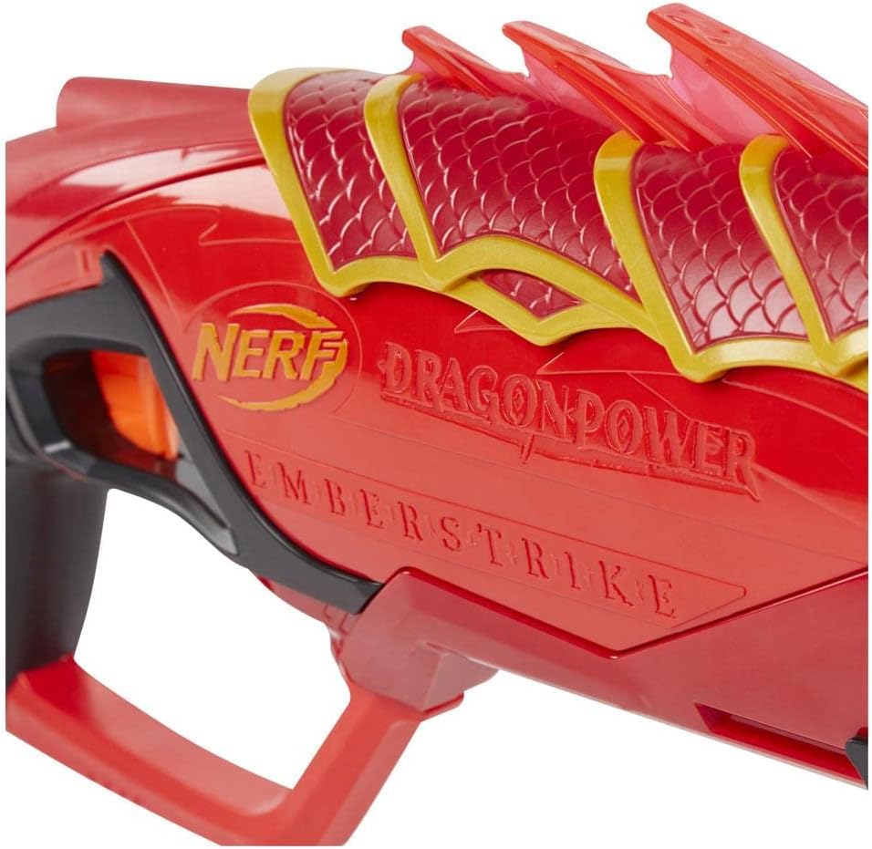 مسدس نيرف دراجون باور إمبرسترايك، مستوحى من لعبة الزنزانات والتنينات، مزود بأسطوانة دوارة بثمانية سهام، يعمل بضخ الهواء، يتضمن 16 سهم نيرف إيليت مع مخزن للسهام، مسدس لعبة للأطفال من سن 8 سنوات فما فوق