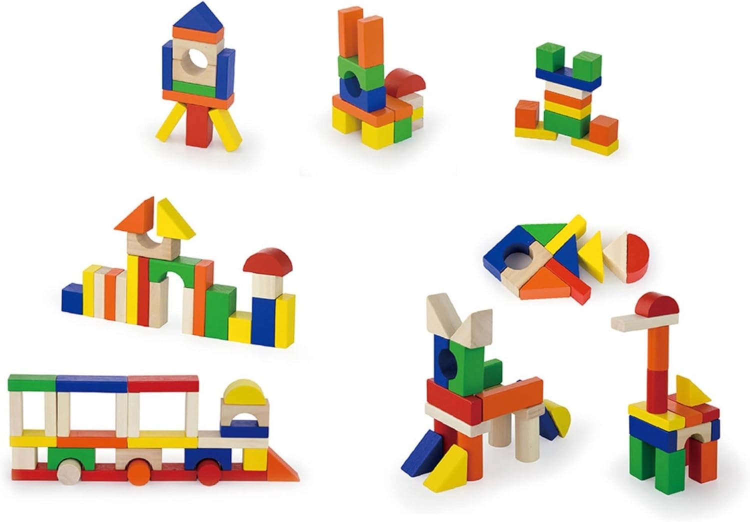 VIGA 100-Piece Wooden Building Blocks Set for Toddlers, Multicolored Montessori Construction Toy, Creative Learning Blocks, Ages 2+