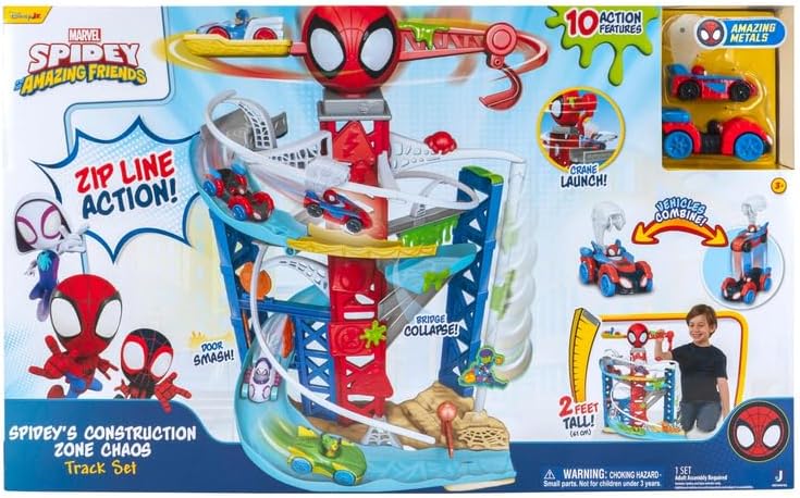Spidey N Friends Construction Zone Chaos Track Set, Deluxe 2-Foot High Race Track Features Zip Line, Action Zones, & 2 Separate Tracks with Two 3-Inch Vehicles, Kids Toys, Gift, Playset, 3 Years+