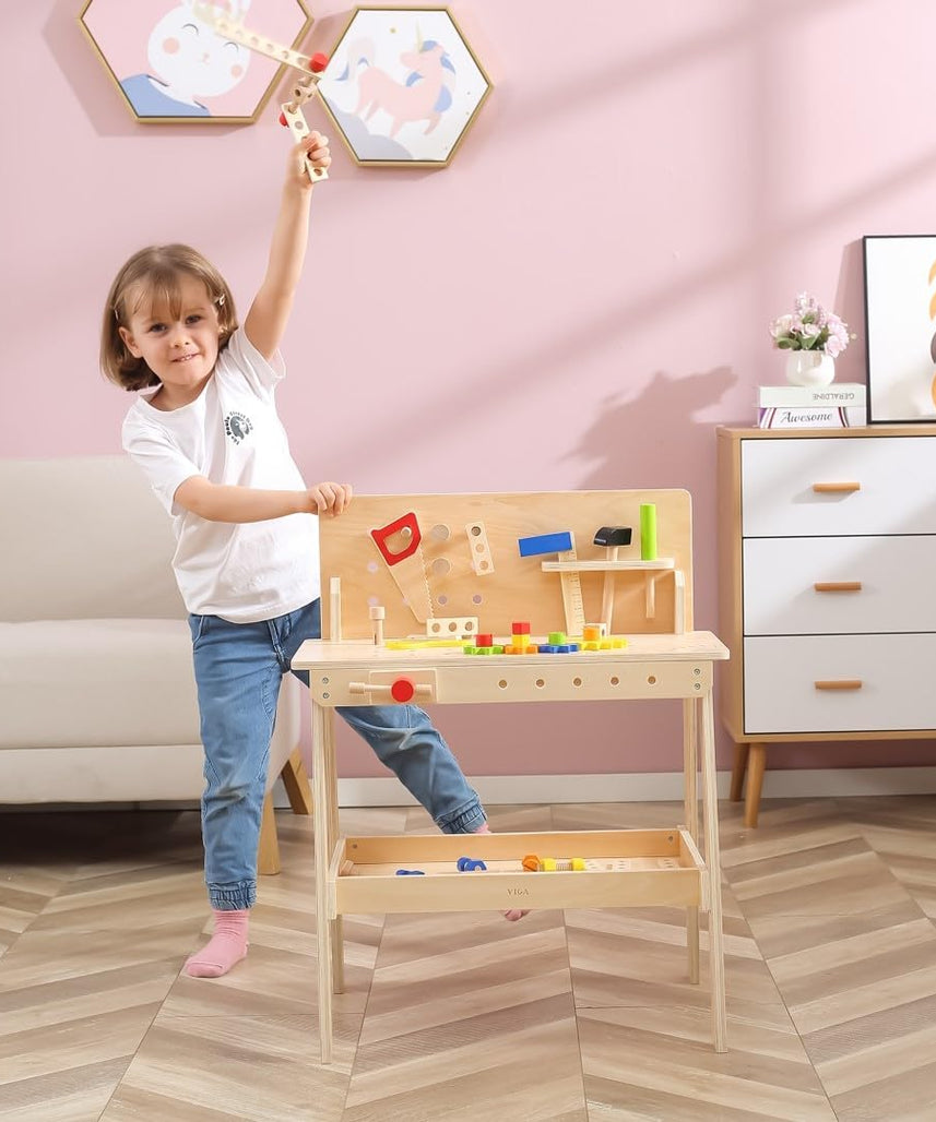 Viga Wooden Work Desk Stand and Tool Bench with Hammer, Screwdriver, Wrench and Accessories for Kids 3+ Educational Role-Play Toy