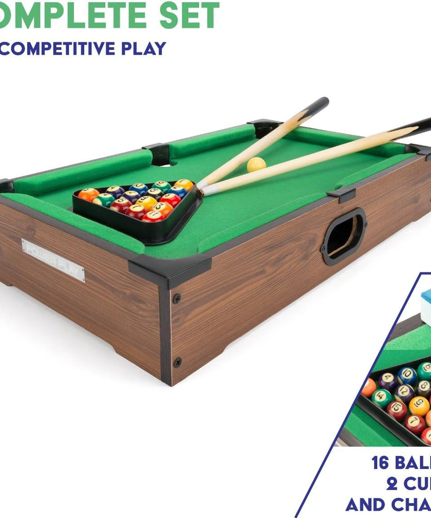 Power Play 20 Inch Pool Table, Kids Pool Game, Arcade Games for Boys and Girls 3+, Indoor and Outdoor Tabletop Game, Wooden Construction, Complete Billiard Set