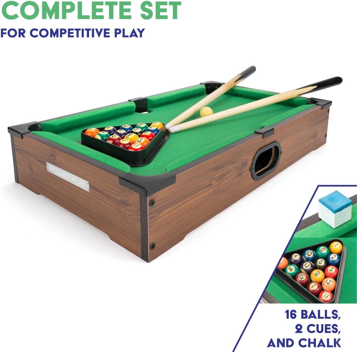 Power Play 20 Inch Pool Table, Kids Pool Game, Arcade Games for Boys and Girls 3+, Indoor and Outdoor Tabletop Game, Wooden Construction, Complete Billiard Set