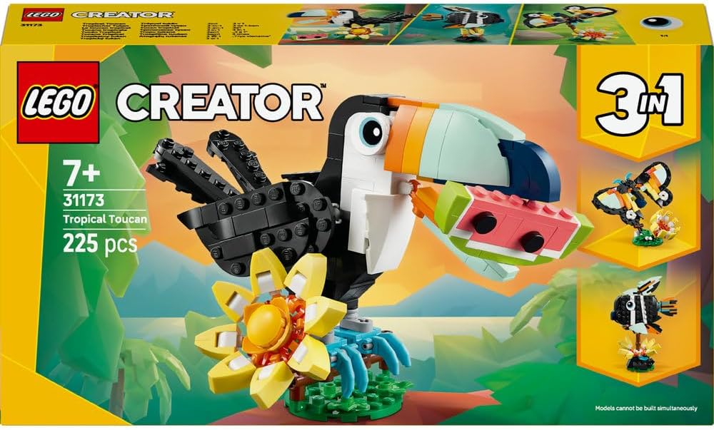 LEGO Creator 3in1 Wild Animals: Tropical Toucan with a Flower - Toy Animal Transforms into a Butterfly Figure or a Tropical Fish - Ramadan Gift for 7+ Year Old Girls & Boys - 31173