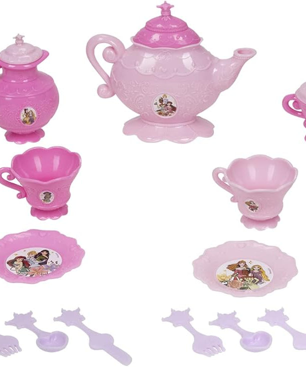 Disney Princess 26-Piece Toy Dinnerware Set, Multicolor Pretend Play Tea Set with Plates, Cups, Spoons, Forks, Knives, Teapot, Sugar Bowl and Creamer, Kids 3+