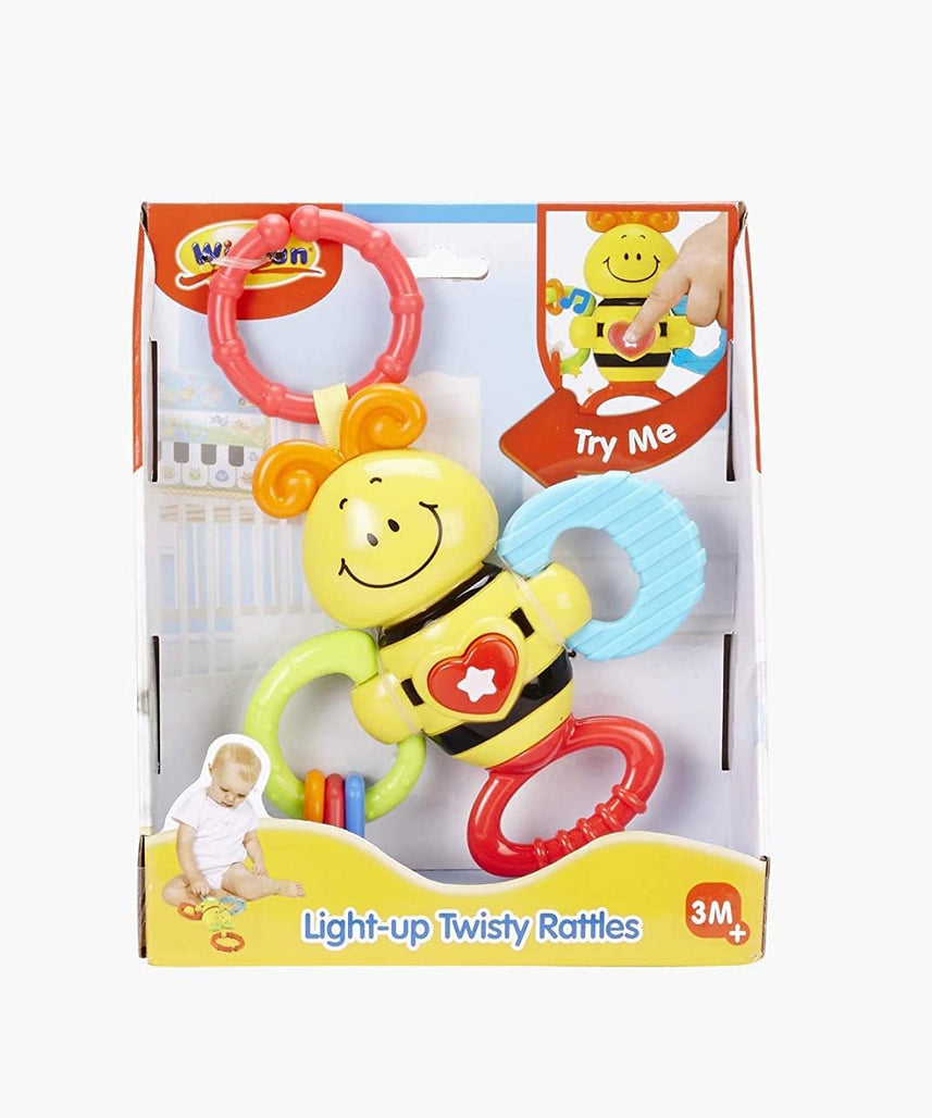 WinFun Light-Up Twisty Rattle Bee – Sensory Teether & Rattle with Flashing Lights, Twist Motion & Textured Grip for Babies 3 Months+