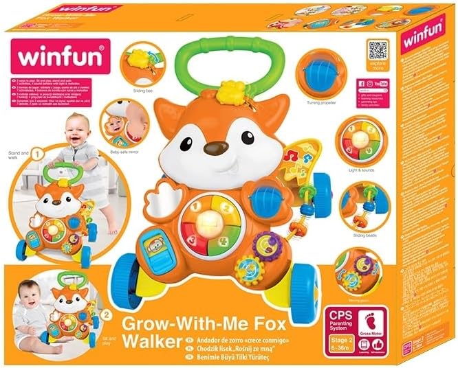 Winfun Grow-With-Me Fox Walker, 3-in-1 Ride-On + Baby Walker + Push Fox Toy , Light + Sound Developmental Activity Walker for Toddlers 12M+