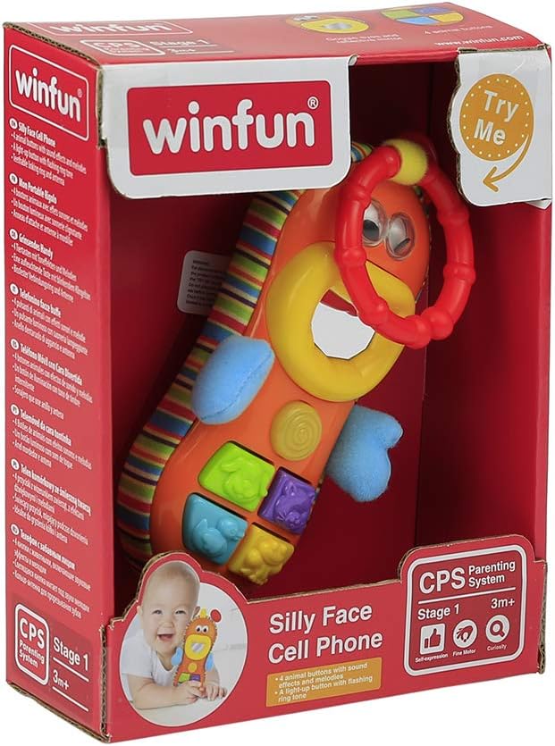 Winfun Silly Face Cell Phone Interactive Toy for Toddlers Multicolor Sound Effects Music Light Up Button Rattle for Baby Play 3 Months and Up