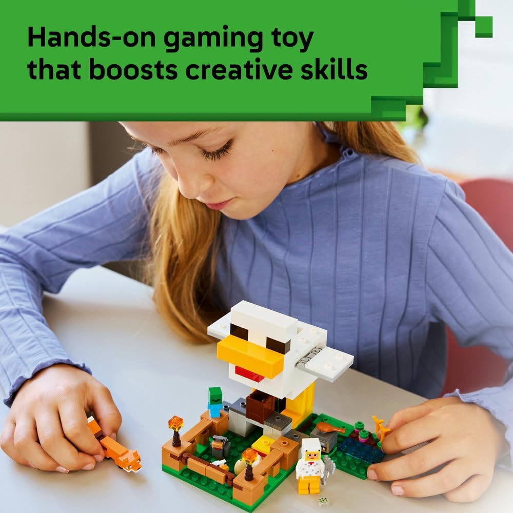 LEGO Minecraft Chicken Farm - Building Toy w/a Chicken Fan Minifigure, Baby Zombie & Fox Mob Figures - Gamer Gift for 7+ Year Old Boys & Girls - 21585