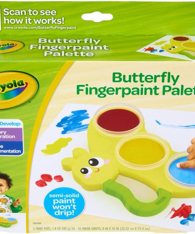 Crayola Butterfly Fingerpaint Palette – Toddler Art Set with 3 Washable Paint Pots & 10 Large Sheets | Mess-Free Sensory Painting Kit for Kids, Creative Gift for Ages 2+