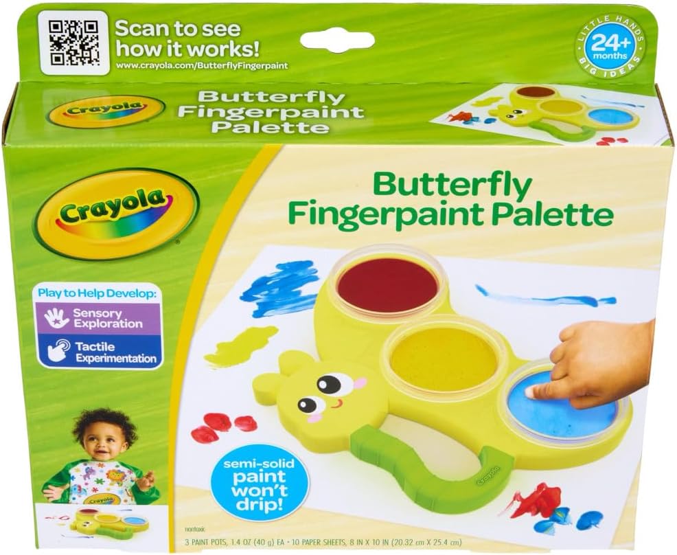 Crayola Butterfly Fingerpaint Palette – Toddler Art Set with 3 Washable Paint Pots & 10 Large Sheets | Mess-Free Sensory Painting Kit for Kids, Creative Gift for Ages 2+