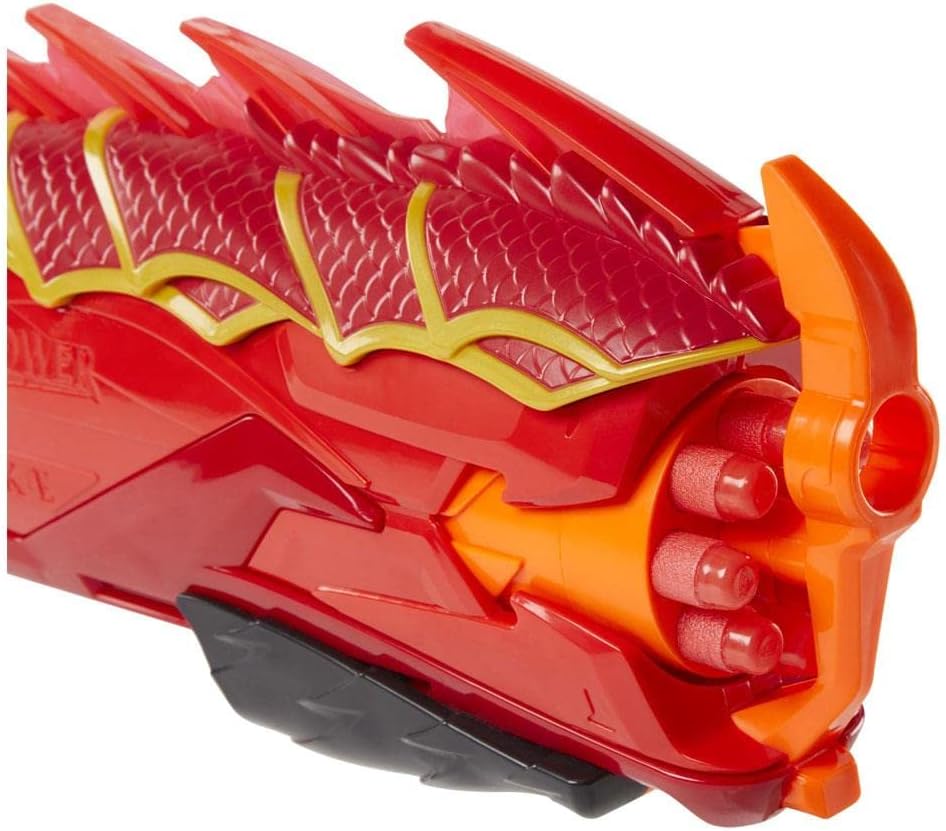 مسدس نيرف دراجون باور إمبرسترايك، مستوحى من لعبة الزنزانات والتنينات، مزود بأسطوانة دوارة بثمانية سهام، يعمل بضخ الهواء، يتضمن 16 سهم نيرف إيليت مع مخزن للسهام، مسدس لعبة للأطفال من سن 8 سنوات فما فوق