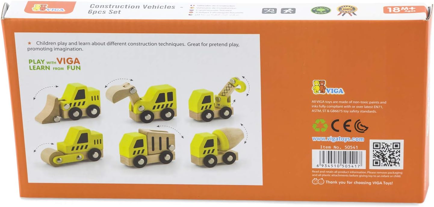 Viga Wooden Construction Vehicles Set, 6-Piece Push Along Play Trucks, Educational Toy, Ages 3+