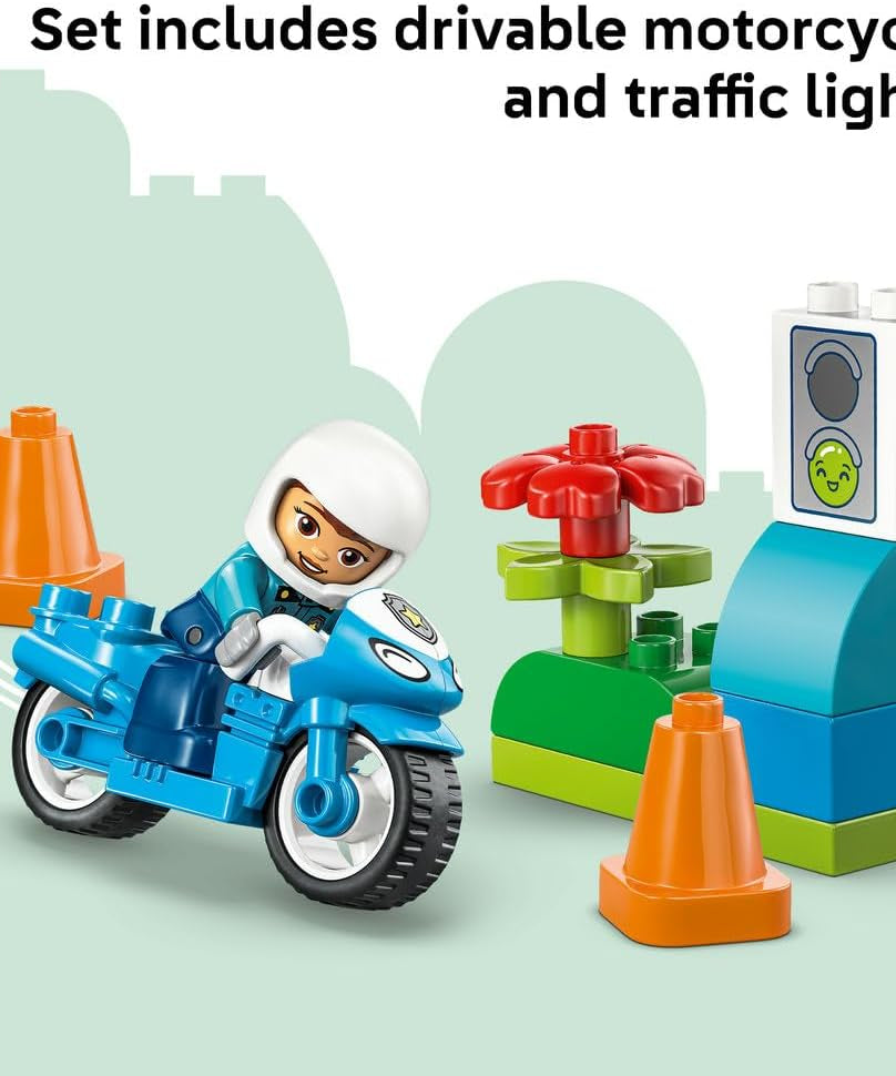 LEGO DUPLO Blue Police Motorcycle - Educational Motor Skills Toy for Toddlers - incl. a Motorbike, Officer Figure, Traffic Lights - Birthday Gift for 2+ Year Old Boys & Girls - 10471