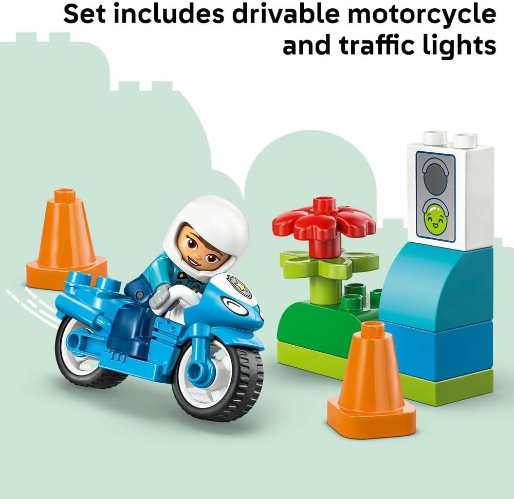 LEGO DUPLO Blue Police Motorcycle - Educational Motor Skills Toy for Toddlers - incl. a Motorbike, Officer Figure, Traffic Lights - Birthday Gift for 2+ Year Old Boys & Girls - 10471