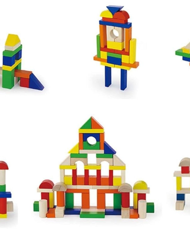 VIGA 100-Piece Wooden Building Blocks Set for Toddlers, Multicolored Montessori Construction Toy, Creative Learning Blocks, Ages 2+