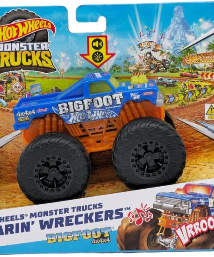 Hot Wheels Monster Trucks Roarin Wreckers, 1 1:43 Scale Truck with Lights & Sounds, Plays Truck s Theme Song, Toy for Kids 3 Years Old & Older