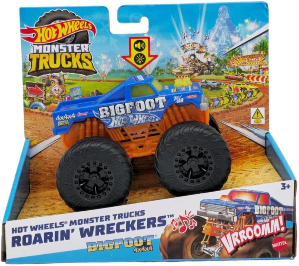 Hot Wheels Monster Trucks Roarin Wreckers, 1 1:43 Scale Truck with Lights & Sounds, Plays Truck s Theme Song, Toy for Kids 3 Years Old & Older