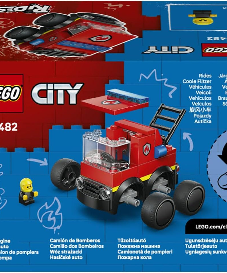 LEGO City Rides – Fire Engine Toy - Emergency Vehicles Building Set w/a Firefighter Junior Minifigure - Party Bag Fillers - Small Collectible Gift for 5+ Year Old Boys - 60482