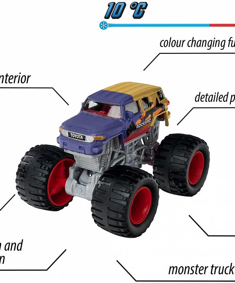 Majorette Monster Rockerz Colour Changers – 1 Random Monster Truck, Magic Colour Changing Paint, Rubber Tyres, 1:64 Scale, Ages 3+