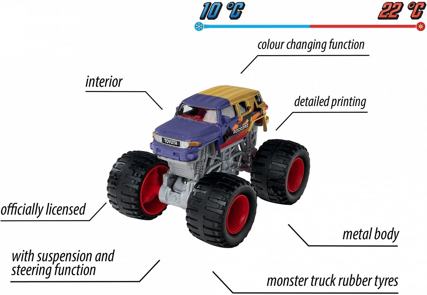 Majorette Monster Rockerz Colour Changers – 1 Random Monster Truck, Magic Colour Changing Paint, Rubber Tyres, 1:64 Scale, Ages 3+