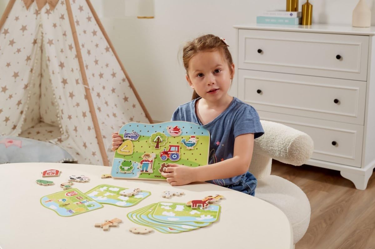 Viga Wooden Farm Lacing Game Set, Educational Wooden Threading Toy with 20 Lacing Plates, 3 Threads and 10 Pattern Cards, Fine Motor Skills Activity for Kids, Ages 2+