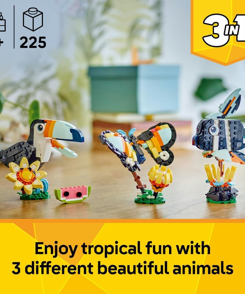 LEGO Creator 3in1 Wild Animals: Tropical Toucan with a Flower - Toy Animal Transforms into a Butterfly Figure or a Tropical Fish - Ramadan Gift for 7+ Year Old Girls & Boys - 31173