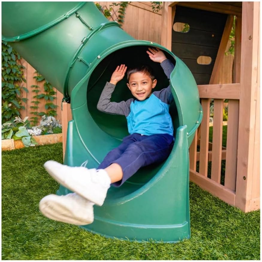 KidKraft Summit View Wooden Swing Set / Playset – Deluxe Outdoor Clubhouse with Slides, Swings, Fireman’s Pole, and Kitchen for Kids Age 3-10 Years